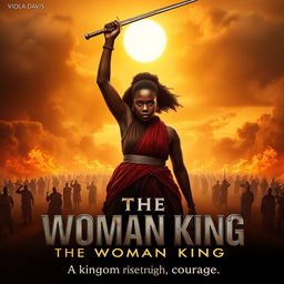 A cinematic movie poster concept for 'The Woman King', featuring Viola Davis as Nanisca in the foreground, standing powerfully with her sword raised high, embodying fierce determination