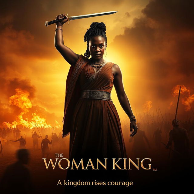 A cinematic movie poster concept for 'The Woman King', featuring Viola Davis as Nanisca in the foreground, standing powerfully with her sword raised high, embodying fierce determination