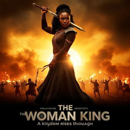 A cinematic movie poster concept for 'The Woman King', featuring Viola Davis as Nanisca in the foreground, standing powerfully with her sword raised high, embodying fierce determination