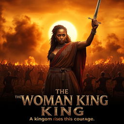 A cinematic movie poster concept for 'The Woman King', featuring Viola Davis as Nanisca in the foreground, standing powerfully with her sword raised high, embodying fierce determination