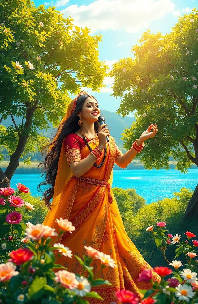 A picturesque scene capturing the essence of Meera Bai, the legendary Indian poetess and devotee of Lord Krishna