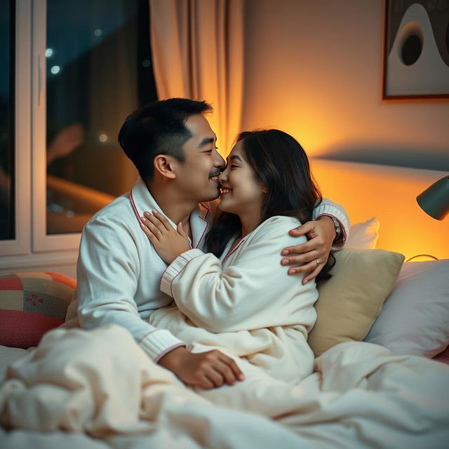 A Chinese man affectionately hugging and kissing his wife in cozy pajamas in their warm and inviting bedroom at night