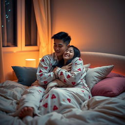 A Chinese man affectionately hugging and kissing his wife in cozy pajamas in their warm and inviting bedroom at night