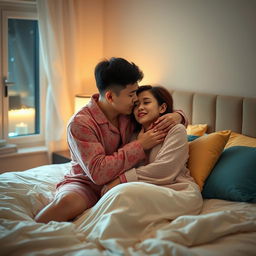A Chinese man affectionately hugging and kissing his wife in cozy pajamas in their warm and inviting bedroom at night