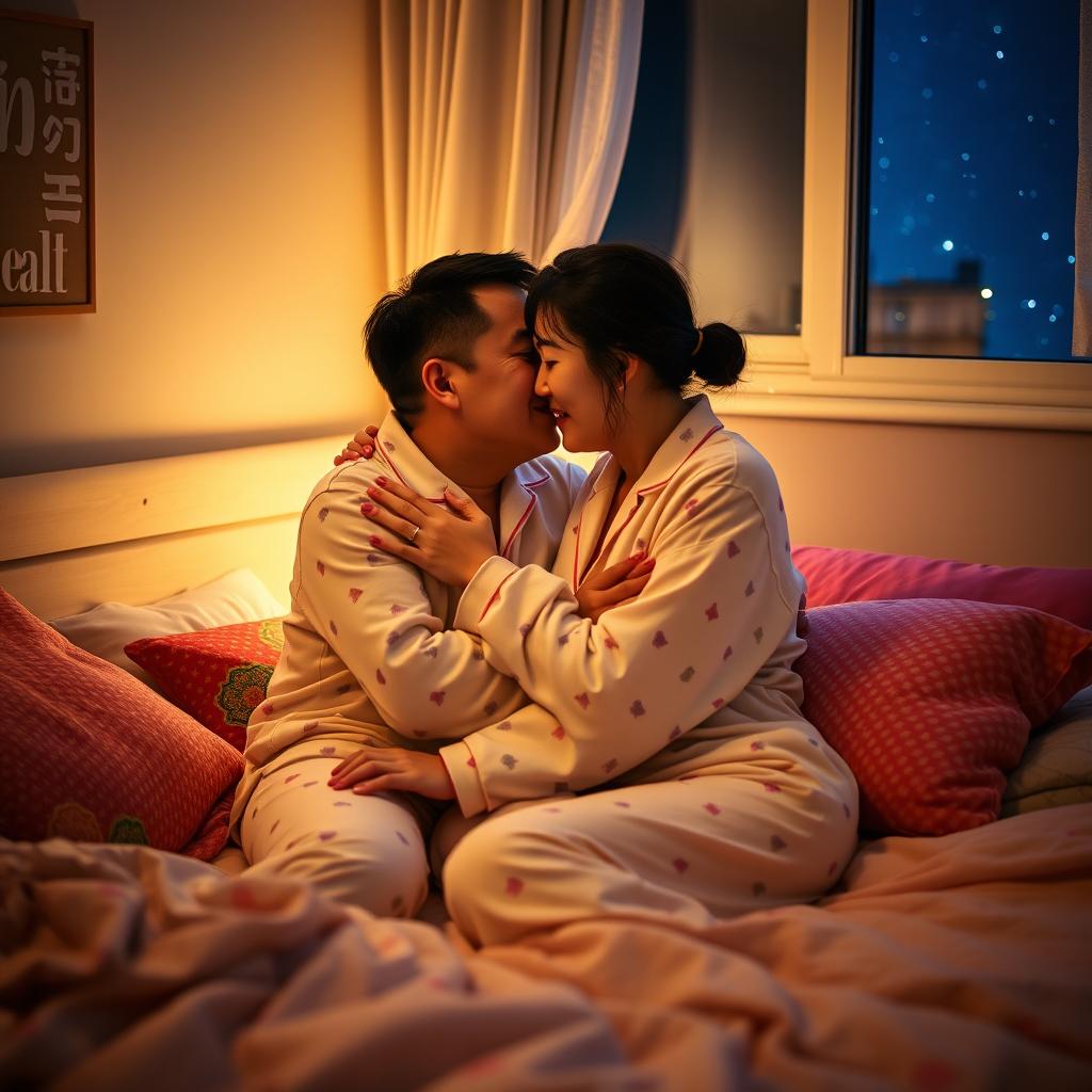 A Chinese man affectionately hugging and kissing his wife in cozy pajamas in their warm and inviting bedroom at night