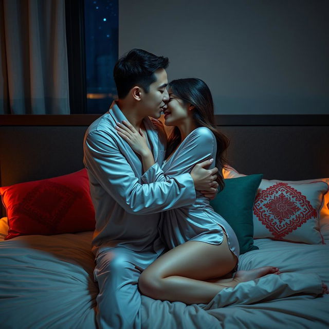 A Chinese man intimately hugging and kissing his wife in stylish, sexy pajamas in their dimly lit bedroom at night