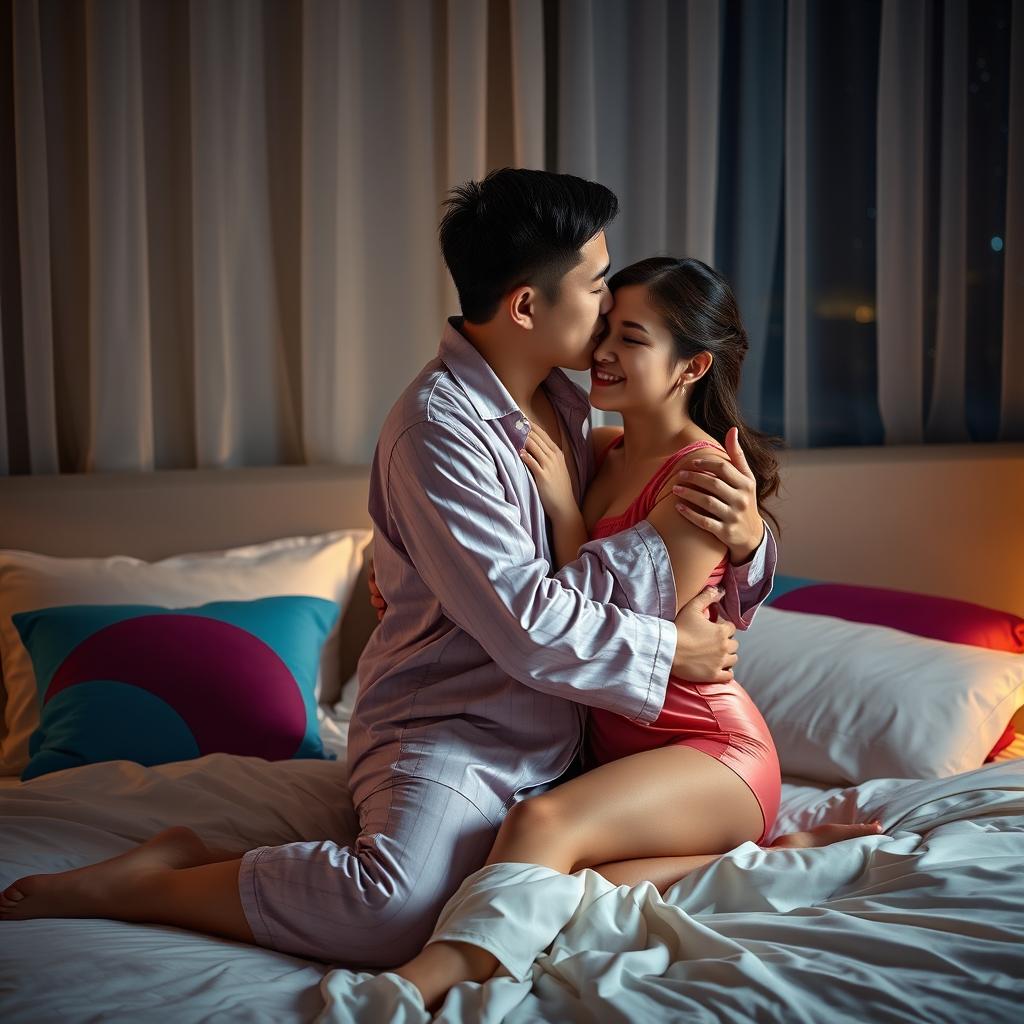 A Chinese man intimately hugging and kissing his wife in stylish, sexy pajamas in their dimly lit bedroom at night