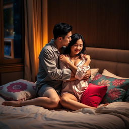 A Chinese man intimately hugging and kissing his wife in stylish, sexy pajamas in their dimly lit bedroom at night