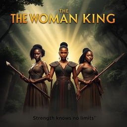 A powerful movie poster concept for 'The Woman King', featuring Viola Davis as Nanisca, Thuso Mbedu as Nawi, and Lashana Lynch as Izogie standing shoulder-to-shoulder in the foreground