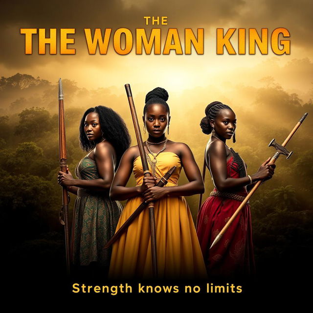 A powerful movie poster concept for 'The Woman King', featuring Viola Davis as Nanisca, Thuso Mbedu as Nawi, and Lashana Lynch as Izogie standing shoulder-to-shoulder in the foreground