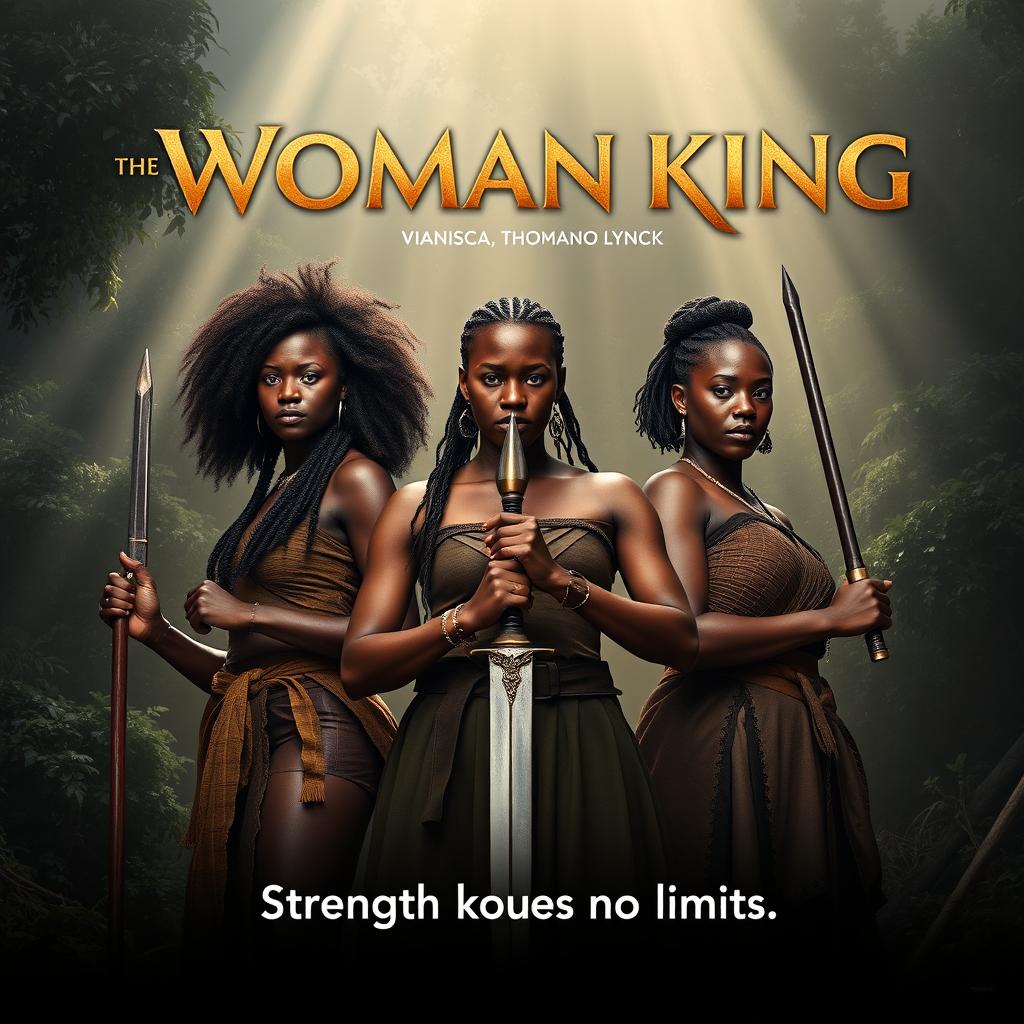 A powerful movie poster concept for 'The Woman King', featuring Viola Davis as Nanisca, Thuso Mbedu as Nawi, and Lashana Lynch as Izogie standing shoulder-to-shoulder in the foreground