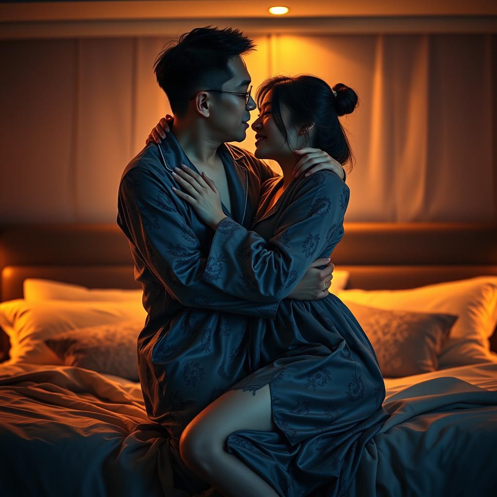 A Chinese man sensually hugging and kissing his wife in stylish, sexy pajamas in their dimly lit bedroom at night