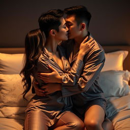 A Chinese man sensually hugging and kissing his wife in stylish, sexy pajamas in their dimly lit bedroom at night