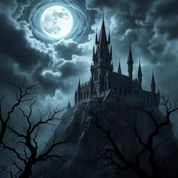 A compelling dark fantasy scene featuring an imposing, ancient castle perched on a rugged cliff