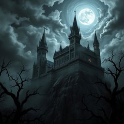 A compelling dark fantasy scene featuring an imposing, ancient castle perched on a rugged cliff