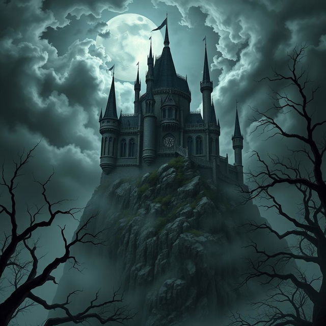 A compelling dark fantasy scene featuring an imposing, ancient castle perched on a rugged cliff