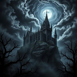 A compelling dark fantasy scene featuring an imposing, ancient castle perched on a rugged cliff