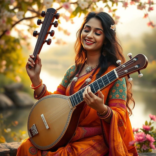 A serene image of Meera Bai holding a beautiful vina, passionately playing it while singing devotional songs to Lord Krishna