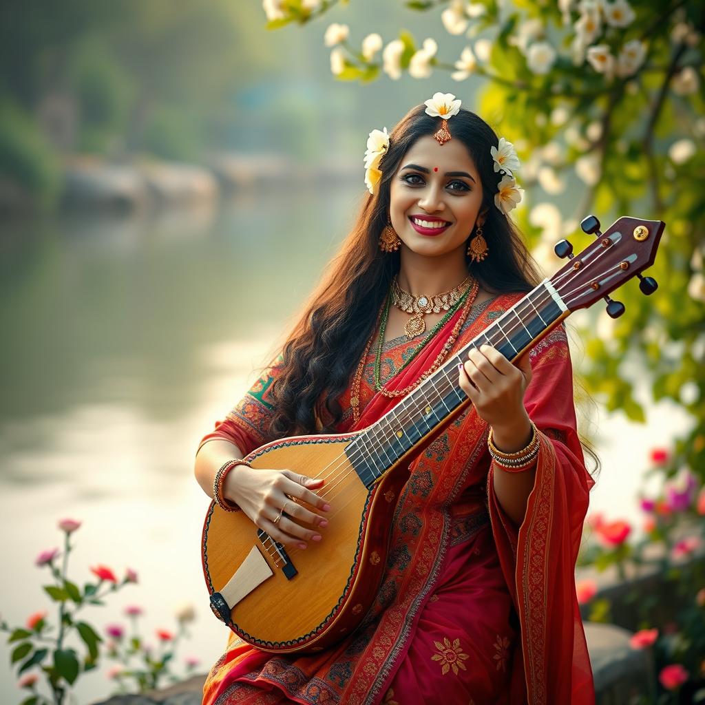 A serene image of Meera Bai holding a beautiful vina, passionately playing it while singing devotional songs to Lord Krishna