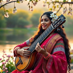 A serene image of Meera Bai holding a beautiful vina, passionately playing it while singing devotional songs to Lord Krishna
