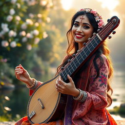 A serene image of Meera Bai holding a beautiful vina, passionately playing it while singing devotional songs to Lord Krishna