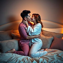 A Chinese man passionately embracing and kissing his wife in sexy pajamas in their cozy bedroom at night