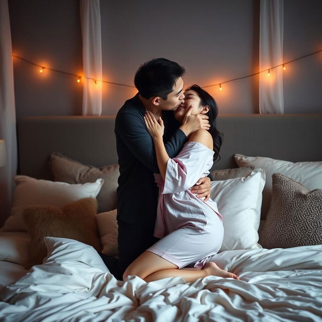 A Chinese man passionately embracing and kissing his wife in sexy pajamas in their cozy bedroom at night