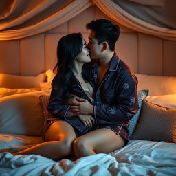 A Chinese man passionately embracing and kissing his wife in sexy pajamas in their cozy bedroom at night
