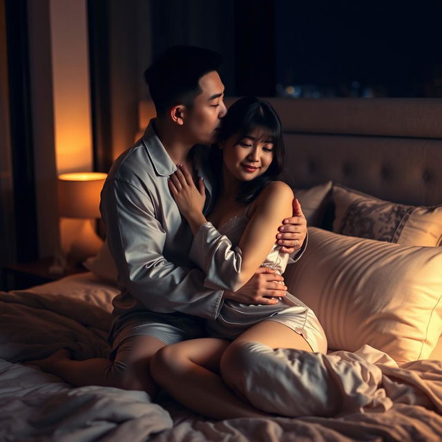 A Chinese man passionately hugging and kissing his wife in sexy pajamas in their dimly lit bedroom at night