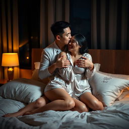 A Chinese man passionately hugging and kissing his wife in sexy pajamas in their dimly lit bedroom at night