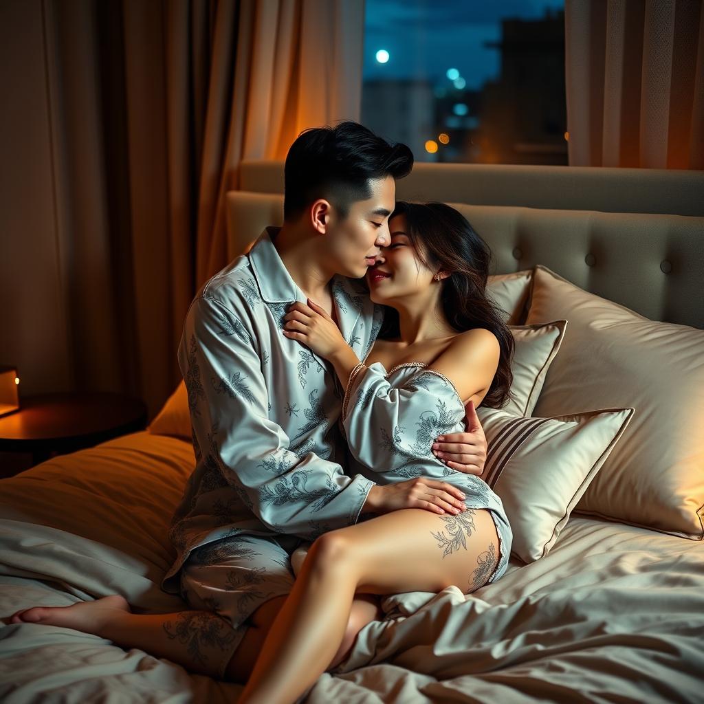 A Chinese man passionately hugging and kissing his wife in sexy pajamas in their dimly lit bedroom at night