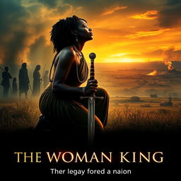 A movie poster concept for 'The Woman King', featuring Viola Davis as Nanisca kneeling in the foreground, with her sword planted firmly in the ground