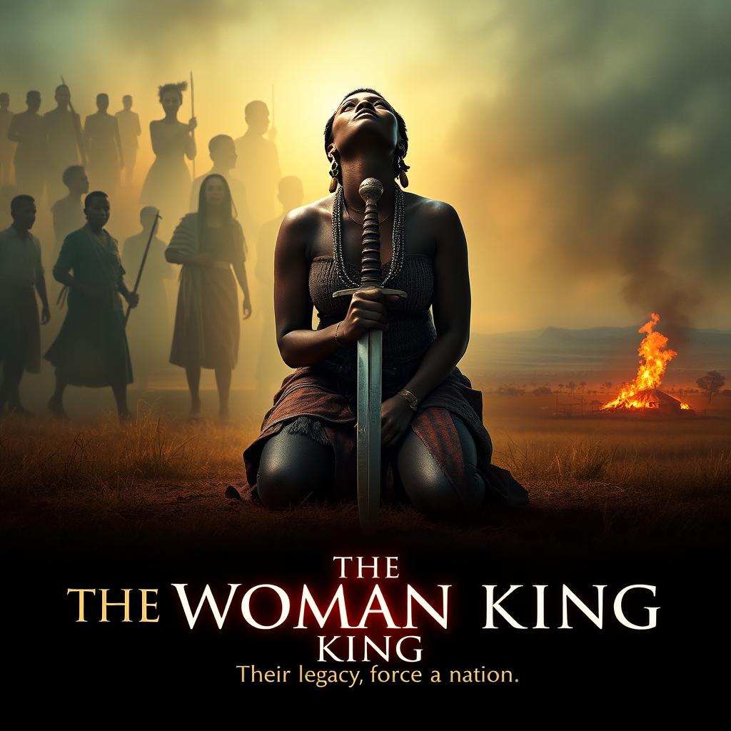 A movie poster concept for 'The Woman King', featuring Viola Davis as Nanisca kneeling in the foreground, with her sword planted firmly in the ground