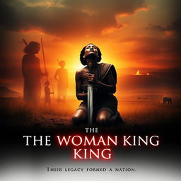 A movie poster concept for 'The Woman King', featuring Viola Davis as Nanisca kneeling in the foreground, with her sword planted firmly in the ground