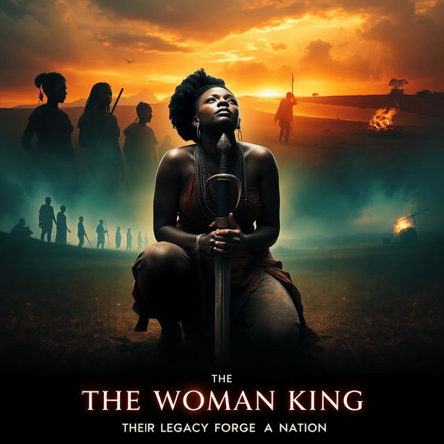 A movie poster concept for 'The Woman King', featuring Viola Davis as Nanisca kneeling in the foreground, with her sword planted firmly in the ground