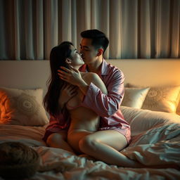 A Chinese man tenderly hugging and kissing his wife in sexy pajamas inside their intimate bedroom at night
