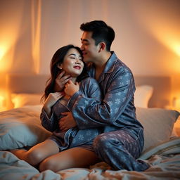 A Chinese man tenderly hugging and kissing his wife in sexy pajamas inside their intimate bedroom at night
