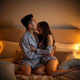 A Chinese man tenderly hugging and kissing his wife in sexy pajamas inside their romantic bedroom at night