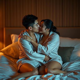 A Chinese man tenderly hugging and kissing his wife in sexy pajamas inside their romantic bedroom at night