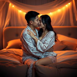 A Chinese man tenderly hugging and kissing his wife in sexy pajamas inside their romantic bedroom at night