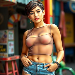 A confident, attractive Mexican woman with short hair, showcasing a nice frame