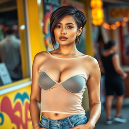 A confident, attractive Mexican woman with short hair, showcasing a nice frame
