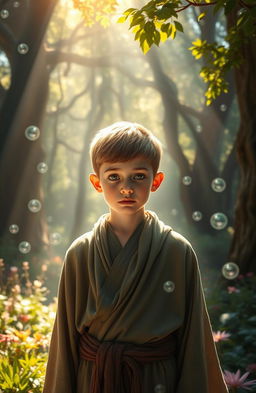 A young boy with a serene expression, radiating a soft, ethereal glow around him, standing in a mystical forest filled with ancient trees and vibrant flora