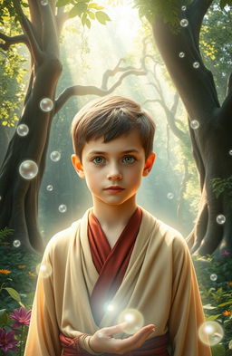 A young boy with a serene expression, radiating a soft, ethereal glow around him, standing in a mystical forest filled with ancient trees and vibrant flora