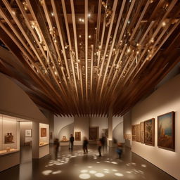 Design an interactive exhibition area within an art museum, brimming with engaging objects and artifacts. Above, a traditional wooden ceiling provides a captivating backdrop to the interactivity below.