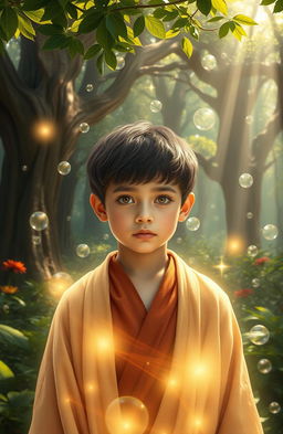 A young boy with a serene expression, radiating a soft, ethereal glow around him, standing in a mystical forest filled with ancient trees and vibrant flora