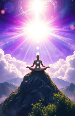 A serene and ethereal scene depicting spiritual ascension, featuring a person meditating in a radiant light, surrounded by swirling clouds of energy and glowing orbs