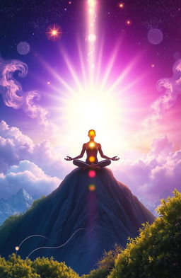 A serene and ethereal scene depicting spiritual ascension, featuring a person meditating in a radiant light, surrounded by swirling clouds of energy and glowing orbs