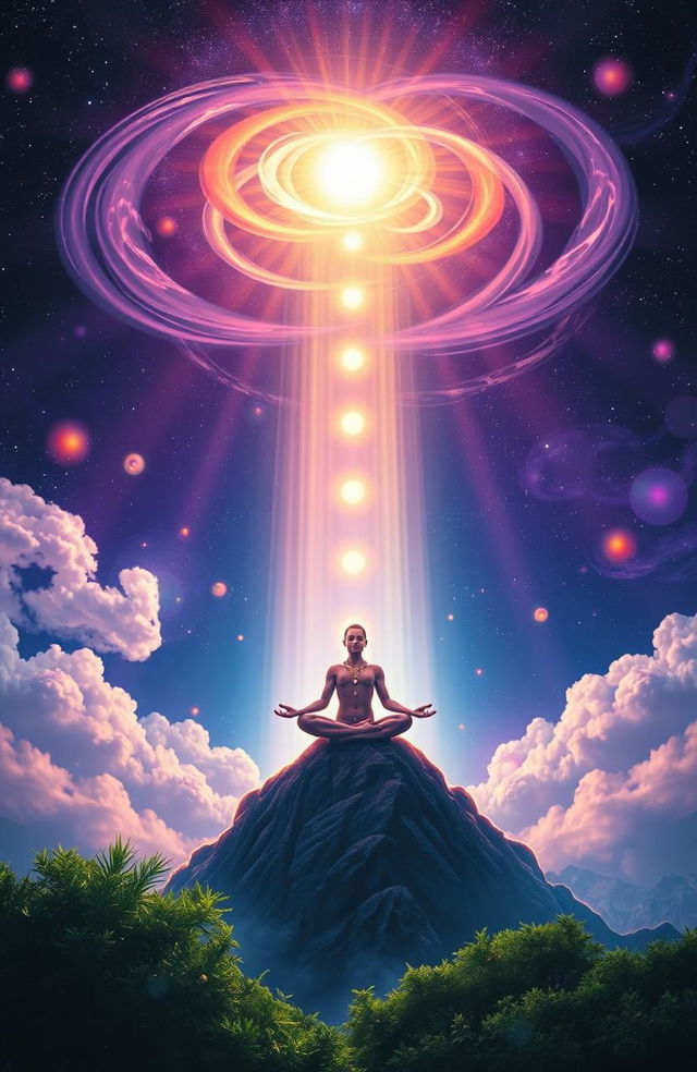 A serene and ethereal scene depicting spiritual ascension, featuring a person meditating in a radiant light, surrounded by swirling clouds of energy and glowing orbs