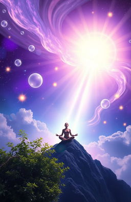 A serene and ethereal scene depicting spiritual ascension, featuring a person meditating in a radiant light, surrounded by swirling clouds of energy and glowing orbs